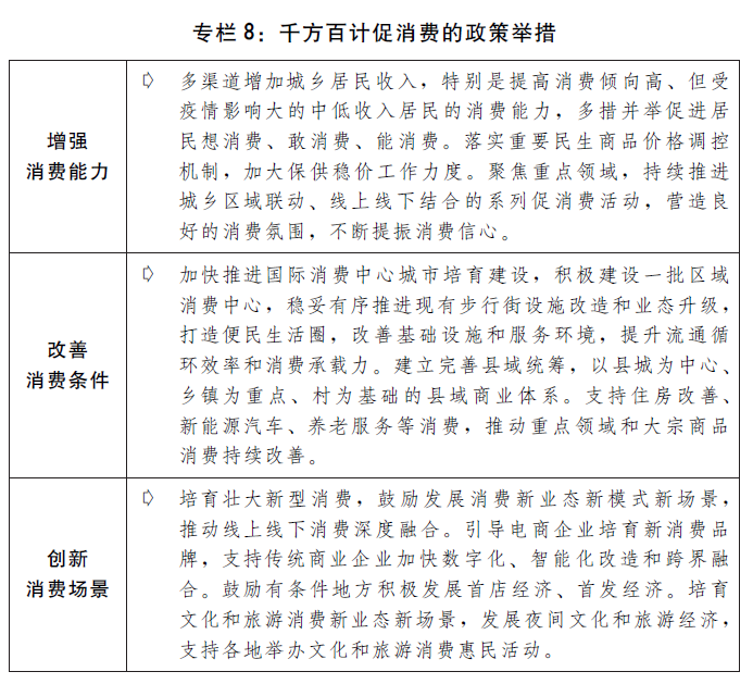 （计划报告中的专栏8：千方百计促消费的政策举措）